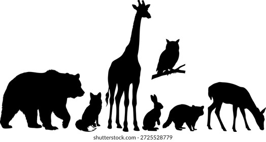 Siluetas de varios animales en una línea sobre fondo blanco