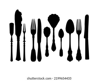 Silhouettes of various antique cutlery. Isolated objects on a white background. Vector design elements.