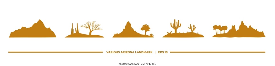 Silhouettes of various Arizona landmarks featuring mountains, cacti, and trees.