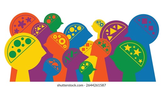 Silhouettes of various brain structure banner. Neurodivergent spectrum awareness concept. Different heads, minds and thinking. Cognitive differences inclusion vector flat illustration.