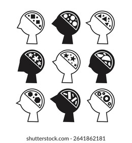 Silhouettes of various brain structure. Neurodivergent spectrum awareness concept. Different heads, minds and thinking. Cognitive differences inclusion vector flat illustration.