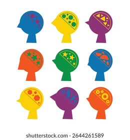 Silhouettes of various brain structure. Neurodivergent spectrum awareness concept. Different heads, minds and thinking. Cognitive differences inclusion vector flat illustration.