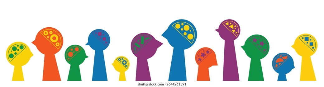 Silhouettes of various brain structure. Neurodivergent spectrum awareness concept. Different heads, minds and thinking. Cognitive differences inclusion vector flat illustration.