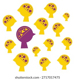 Silhouettes of various brain structure and one unique head. Neurodivergent spectrum awareness concept. Creative and unconventional mind. Different  thinking. Cognitive differences inclusion vector flat illustration.