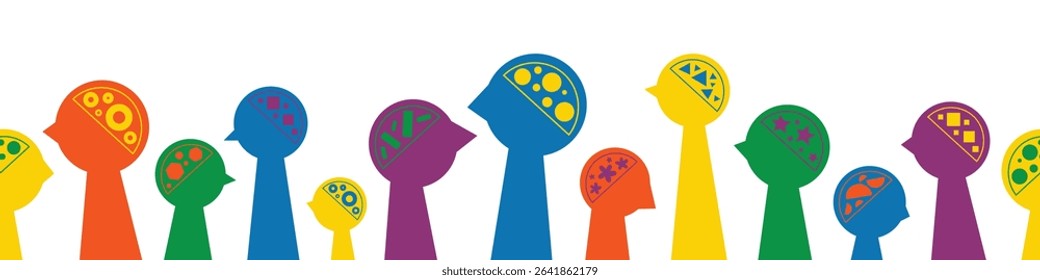 Silhouettes of various brain structure seamless banner. Neurodivergent spectrum awareness concept. Different heads, minds and thinking. Cognitive differences inclusion vector flat illustration.