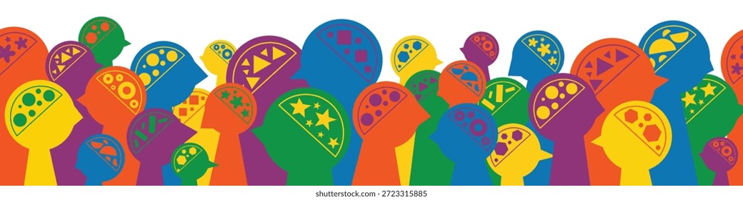 Siluetas de Anuncio sin costuras de varias estructuras cerebrales. Concepto de conciencia del espectro neurodivergente. Diferentes cabezas, mentes y pensamientos. Diferencias cognitivas inclusión Vector ilustración plana.