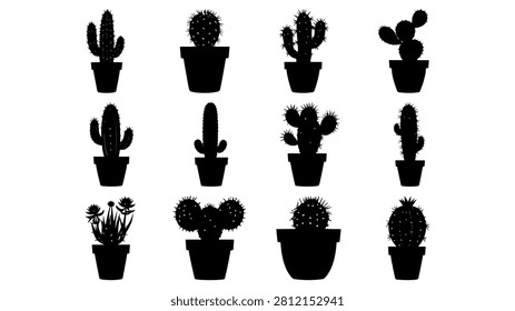 Silhouettes of various cactus plants in pots, showcasing different shapes and sizes, suitable for botanical, desert, or nature-themed projects.