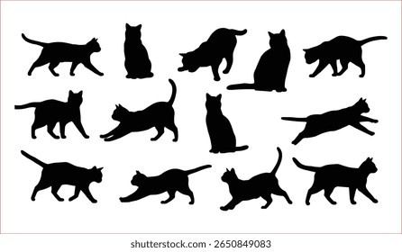 Silhouettes of Various Cat Poses, This image features a collection of black cat silhouettes in diverse poses, including walking, sitting, stretching, and jumping.