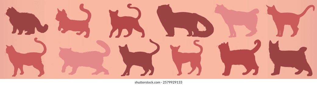 Silhouettes of various cats in different poses. Cats walking, sitting, and stretching. Cat shapes in shades of red and pink on a light background. Animal illustrations, isolated element vector set.