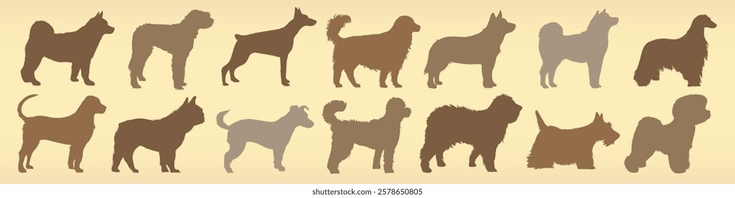 Silhouettes of various dog breeds in different poses. Dog silhouettes in brown shades. Diverse dog shapes and sizes. Silhouettes of dogs on a beige background. Animal illustrations, element vector set