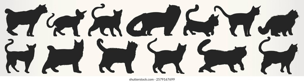 Silhouettes of various dog breeds in different poses. Dog silhouettes in brown shades. Diverse dog shapes and sizes. Canine silhouettes on a beige background. Animal illustrations, element vector set.