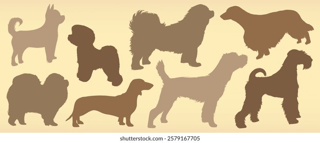 Silhouettes of various dog breeds in different poses. Dog silhouettes in brown shades. Diverse dog shapes and sizes. Canine silhouettes on a beige background. Animal illustrations, element vector set.