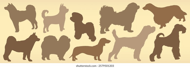 Silhouettes of various dog breeds in different poses. Dog silhouettes include fluffy, small, and large breeds. Dog silhouettes on a beige background. Animal illustrations, isolated element vector set.