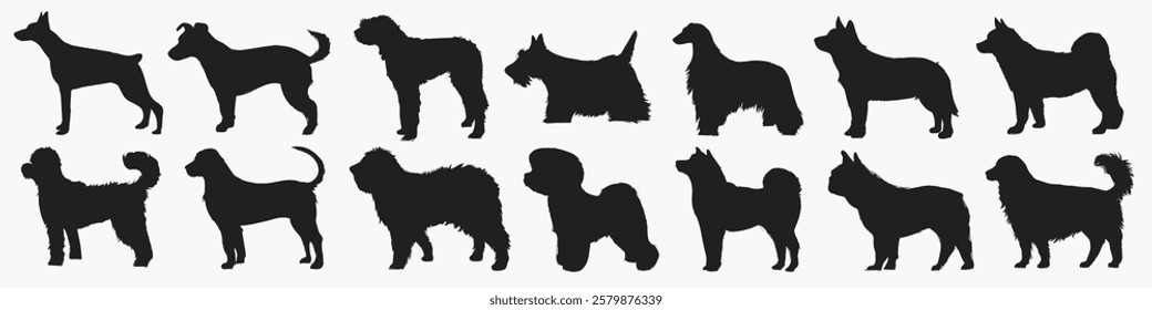 Silhouettes of various dog breeds in different poses. Dog silhouettes show diverse shapes and sizes. Collection of dog silhouettes in black on a white background. Animal illustrations, vector set.