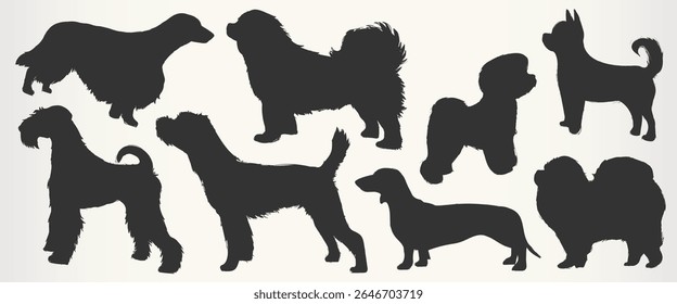 Silhouettes of various dog breeds, including poodles, dachshunds, and terriers. Each dog silhouette highlights unique features, showcasing diverse dog shapes. Animal illustrations, element vector set.