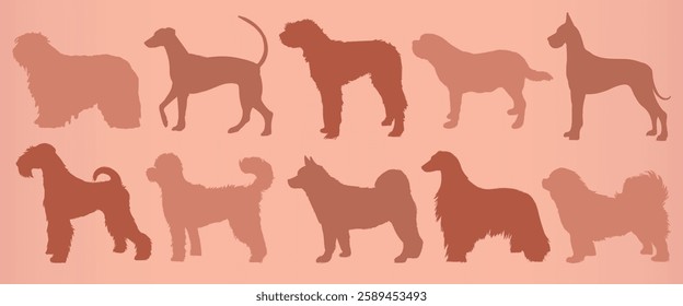 Silhouettes of various dog breeds on a pink background. Dog silhouettes in different poses. Variety of dog breeds in silhouette form. Dog silhouettes for design. Animal illustrations, vector set.