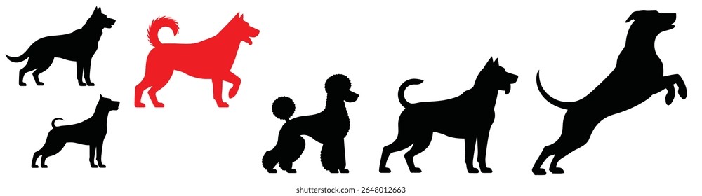 Silhouettes of Various Dog Breeds in Playful and Standing Poses