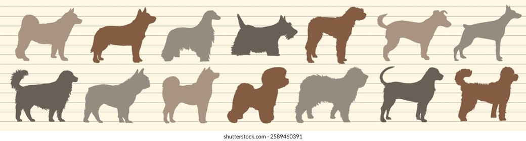 Silhouettes of various dog breeds in shades of brown and gray on a lined background. Different dog shapes and sizes are displayed in a row. Animal illustrations, isolated element vector set.