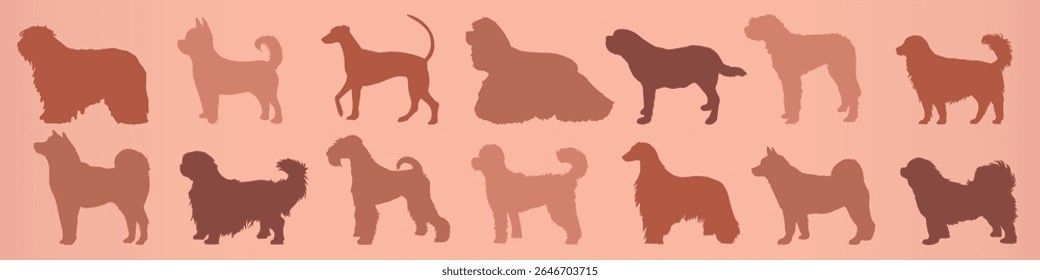 Silhouettes of various dog breeds in shades of brown on a pink background. Diverse dog shapes, each silhouette showcasing different breed characteristics. Animal illustrations, isolated vector set.
