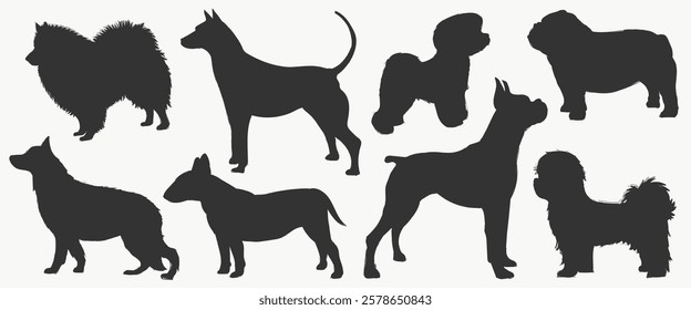 Silhouettes of various dog breeds, showcasing diverse dog shapes and sizes. Dog silhouettes include fluffy, muscular, and sleek dog outlines. Animal illustrations, element vectors.