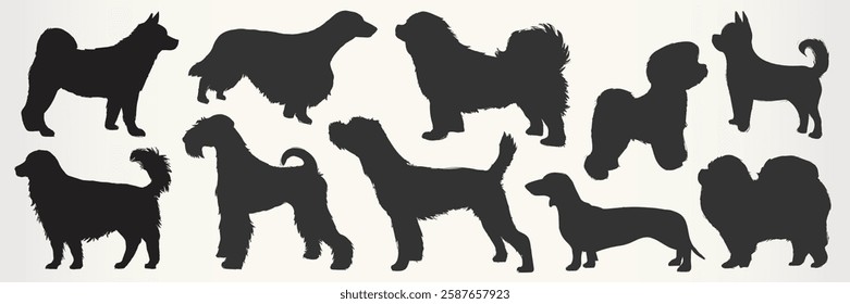 Silhouettes of various dog breeds, showcasing different dog shapes and sizes. Dog silhouettes highlight breed diversity and unique dog profiles. Animal illustrations, isolated element vector set.