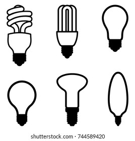 Silhouettes of various electric bulbs. Vector illustration