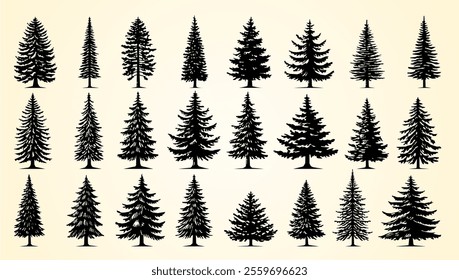 Silhouettes of various evergreen trees showcasing different shapes and styles in black.