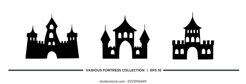 Silhouettes of various fortress designs, ideal for graphic resources or illustrations.