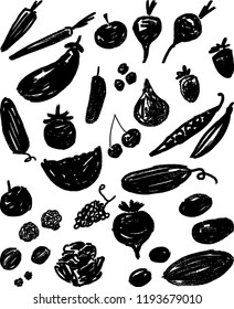 Silhouettes of various fruit and vegetables
