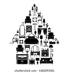 Silhouettes of various furniture, decor and accessories laid out in the shape of a house. Vector illustration. Black and white stencil.