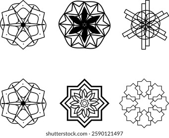 Silhouettes of various geometric mandala designs with intricate lines and shapes on a light background. Set of vector snowflakes, abstract geometric shapes, and elements.