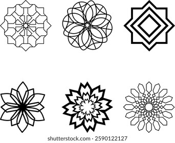 Silhouettes of various geometric mandala designs with different shapes and intricate patterns on a light background. Set of floral elements, vector snowflakes, and floral elements.