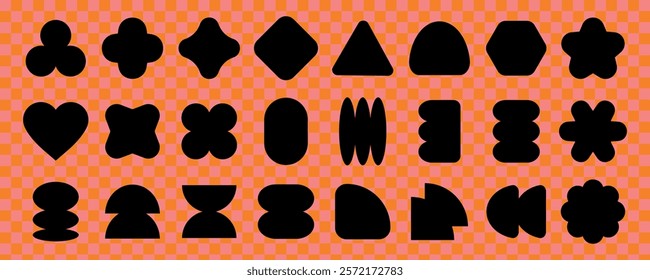 Silhouettes of various geometric shapes on an orange checkered background. Shapes include triangles, circles, and stars. Geometric shapes in black. Element vector collection.