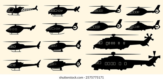 Silhouettes of various helicopter designs showcasing different models and rotor configurations on a plain background.