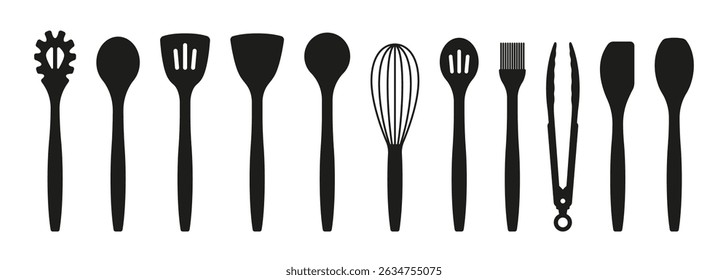 Silhouettes of various kitchen utensils, including spatulas, spoons, whisk, tongs, and brush, isolated on white background.