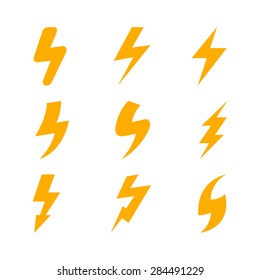 Silhouettes of various lightning. Icons isolated on white background. Vector illustration.