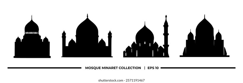 Silhouettes of various mosque minarets showcasing architectural styles.