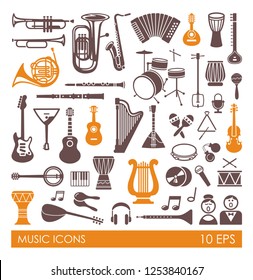 Silhouettes of various musical instruments in flat style