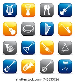 Silhouettes of various musical instruments on buttons