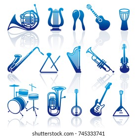 Silhouettes of various musical instruments. Vector illustration