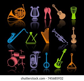 Silhouettes of various musical instruments. Vector illustration