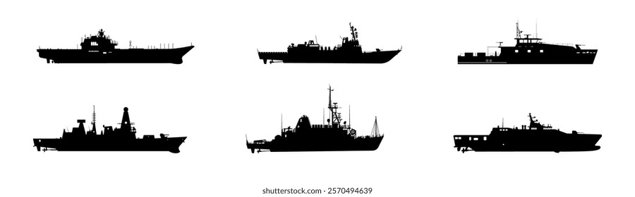 Silhouettes of Various Naval and Military Ships Vector Set