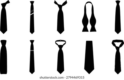 Silhouettes of various neckties and bow ties in black, arranged in a grid for design elements or fashion concepts.