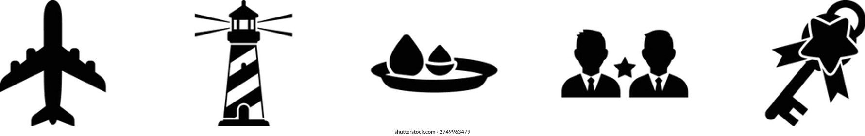 Silhouettes of various objects including an airplane, lighthouse, sombrero, businessmen, and key