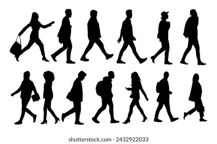 Silhouettes of Various people walking side view.