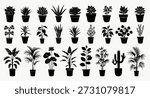 Silhouettes of various potted plants, featuring diverse plant types in pots. Potted plants arranged in rows, showcasing plant variety and potted plant silhouettes. Element vector set.