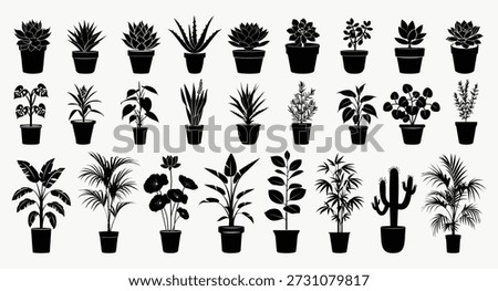 Silhouettes of various potted plants, featuring diverse plant types in pots. Potted plants arranged in rows, showcasing plant variety and potted plant silhouettes. Element vector set.