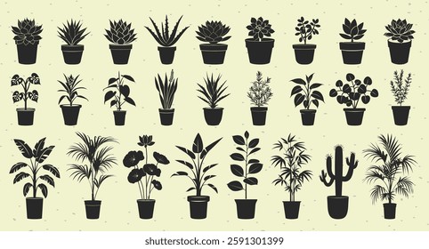 Silhouettes of various potted plants in a grid. Different plant types include succulents, palms, and cacti. Black silhouettes on a light background. Element vector set.