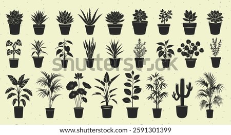 Silhouettes of various potted plants in a grid. Different plant types include succulents, palms, and cacti. Black silhouettes on a light background. Element vector set.