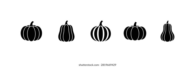 Silhouettes of various pumpkins and gourds in black on white background